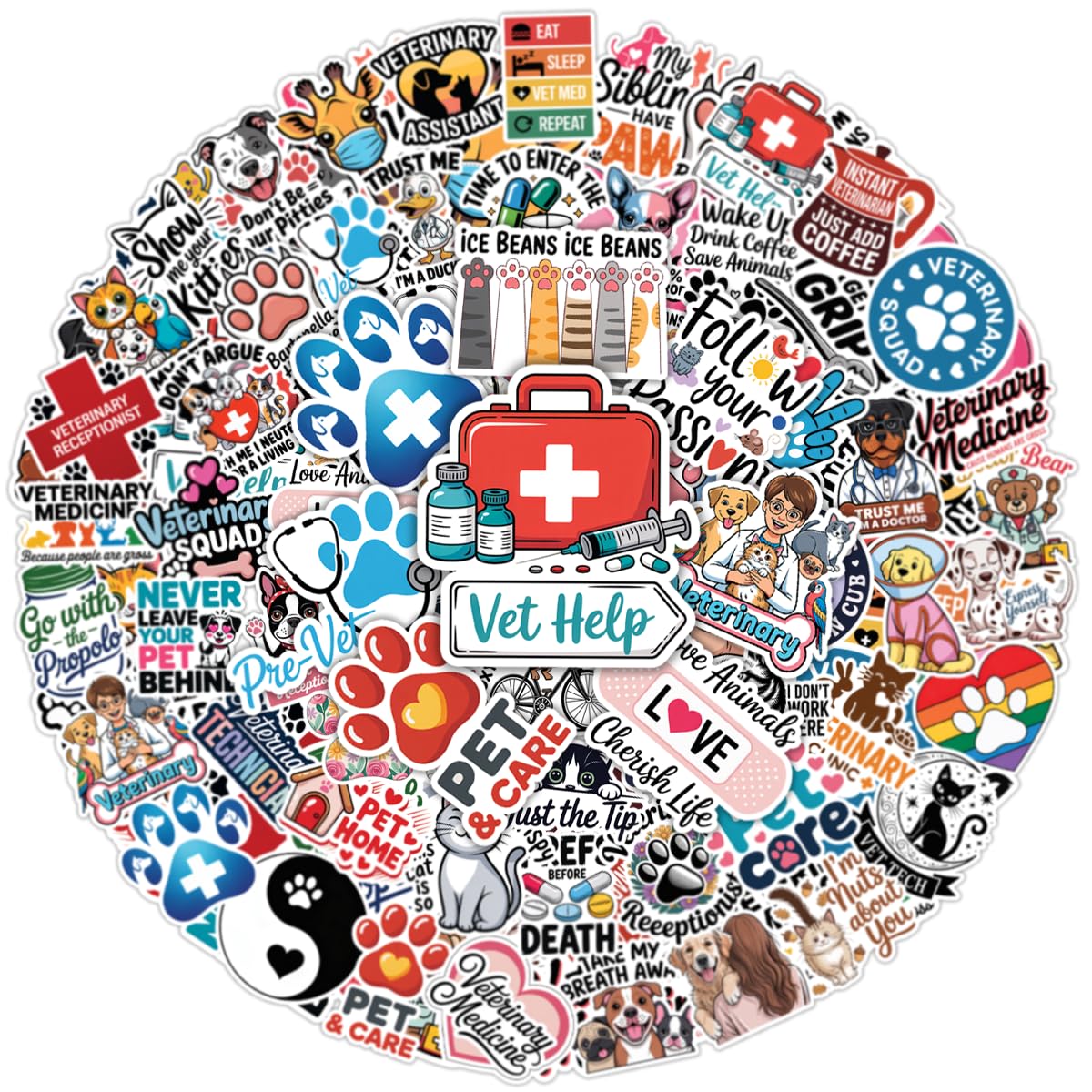 64pcs Veterinary Stickers - Cute Animal Care Vinyl Decals Pack for Vets, Students & Pet Lovers - Perfect for Phone Cases, Laptops, Luggage, Picnic Crafts, and Daily Decoration