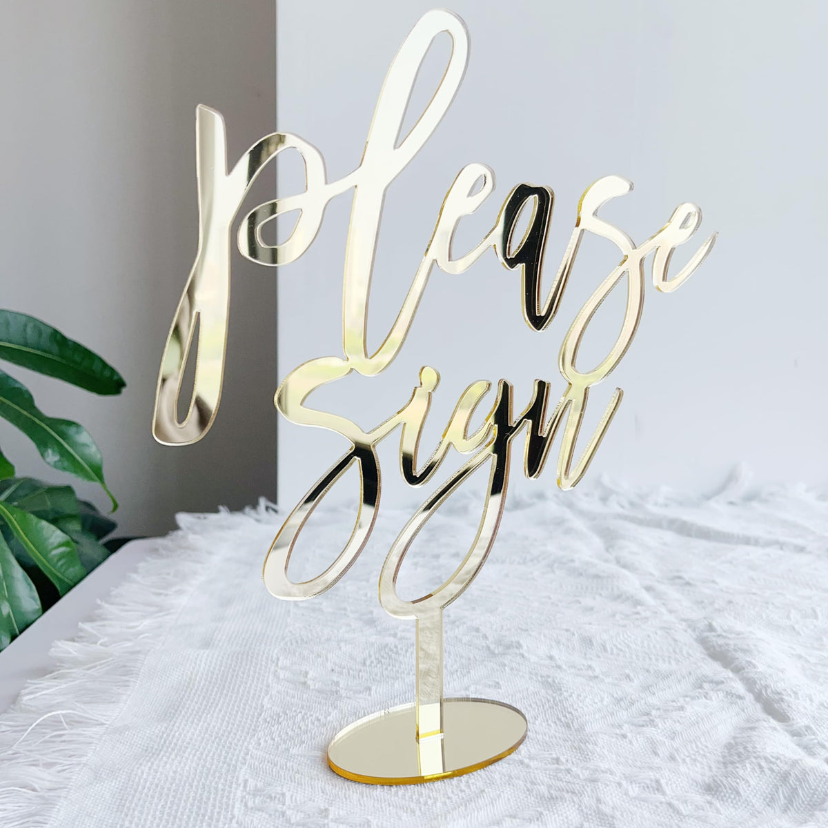 Please Sign Wedding Table Number Signs with Stand, 8.5 x 10 inches, Gold Mirrored Acrylic (Gold Mirrored)