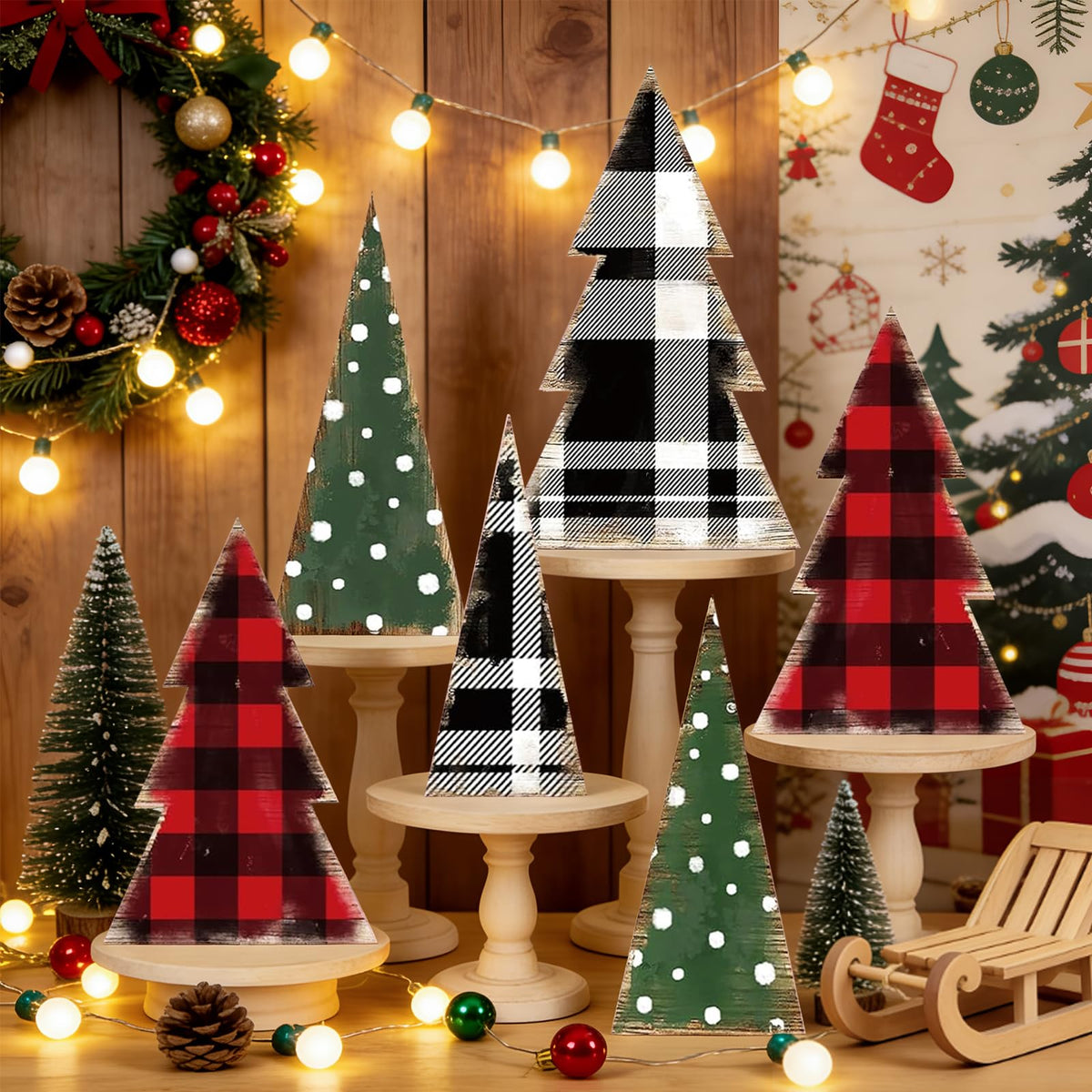 Whaline 6 Pcs Christmas Tree Wooden Signs Table Decor Buffalo Plaid Dots Xmas Wood Tabletop Signs Red Black Green Desktop Centerpieces for Holiday Home Tiered Tray Fireplace Party Decor
