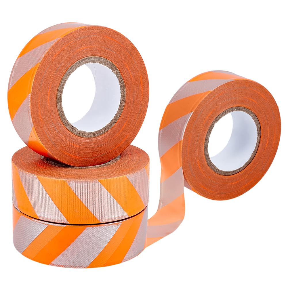 OLYCRAFT 4 Rolls Flagging Tape with Orange Silver Stripes 1 Inch x 590ft Tree Marking Tapes Non Adhesive PVC Marking Ribbon Surveyors Tape for Hunting Boundaries Hazardous Areas