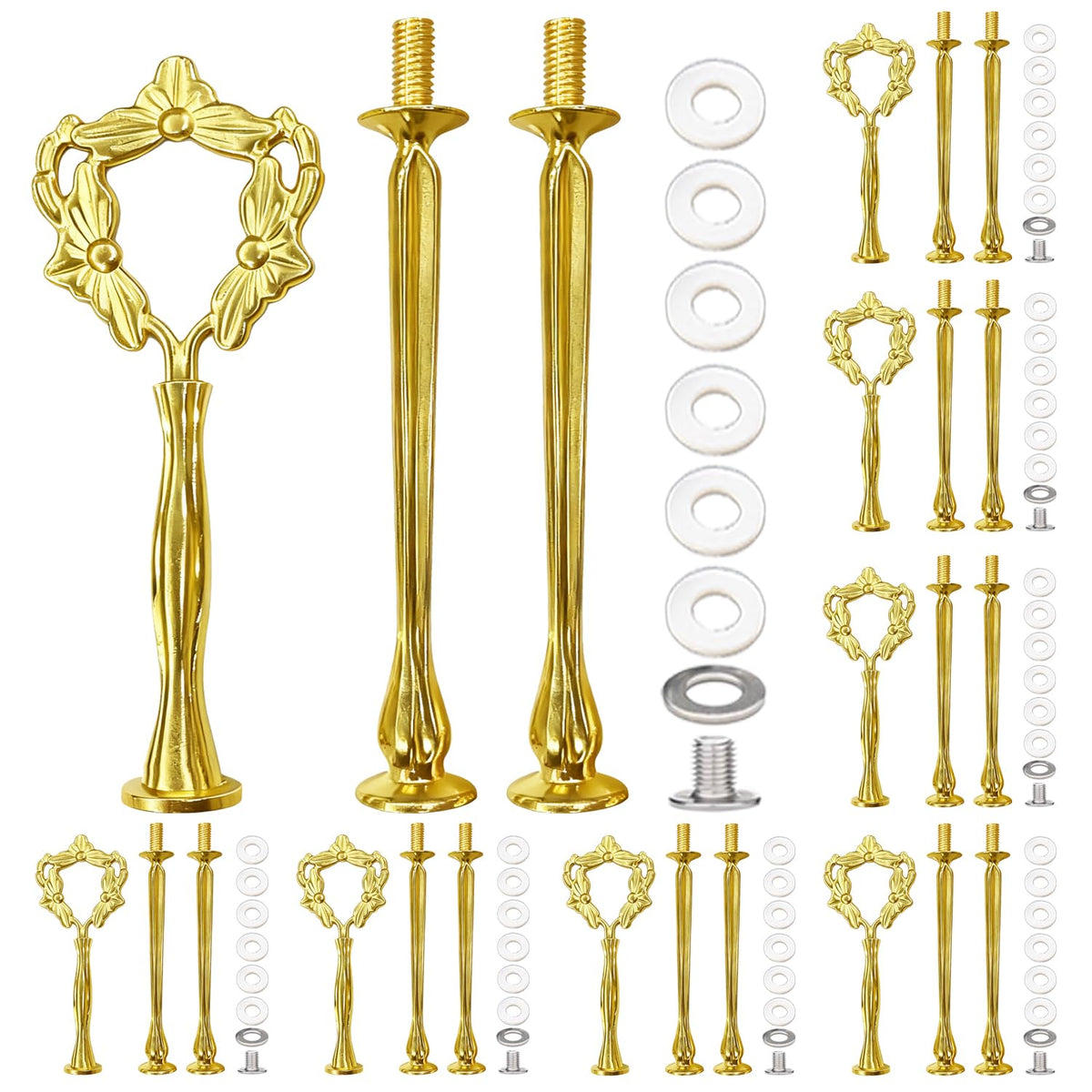 8 Sets 13.5’’ 3-Tier Cake Tray Stand Handle, Multi-Tier Metal Dessert Fruit Center Rod Heavy Duty Hardware Holder for Wedding Party Birthday Cupcake Platter Stand Fittings - Gold Flowers