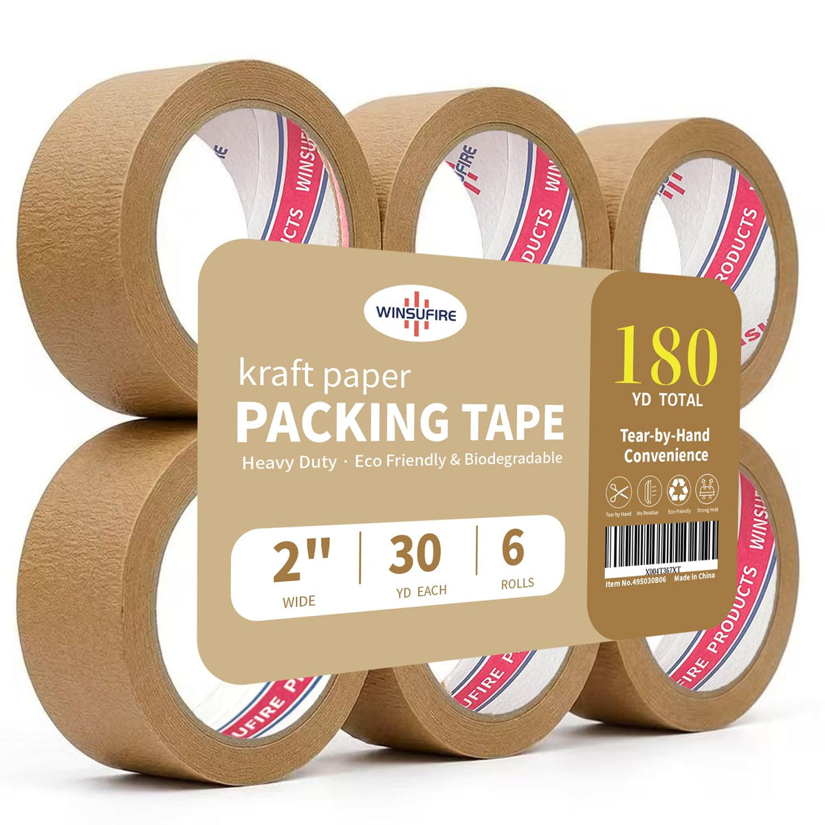 Eco-Friendly Brown Kraft Paper Packing Tape 2 Inch 30 Yards 6 Rolls