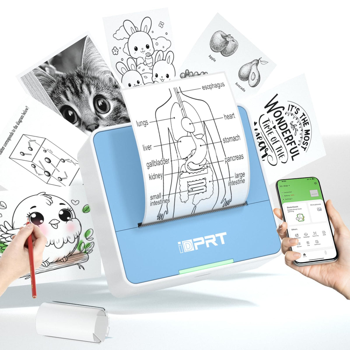 iDPRT Mini Sticker Portable Printer with 1 Roll Sticker Paper Blue-white