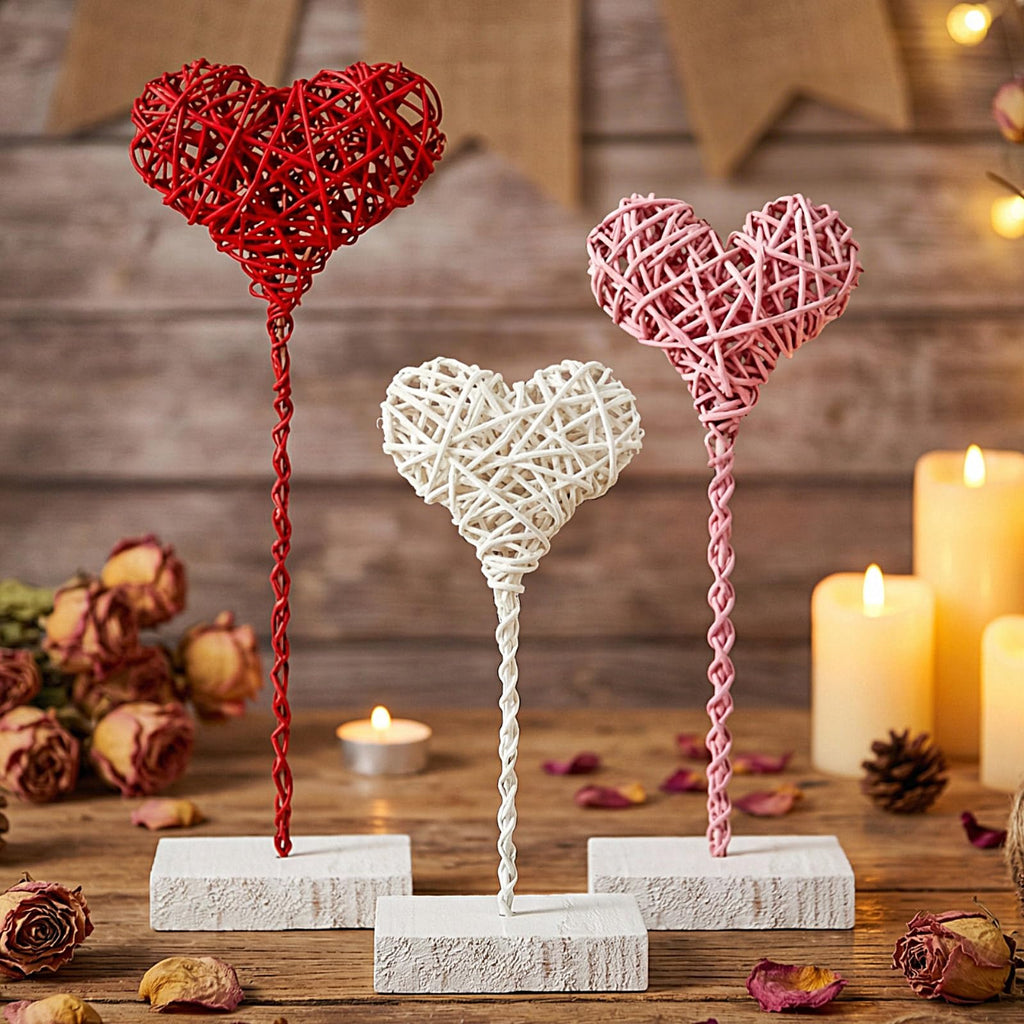 Thyle 3 Pcs Valentines Day Rustic Heart Table Sign Decor Gift Rattan Woven Handmade Love Tall Standing Heart Block Set for Home Farmhouse Tabletop Decoration Engagement Centerpiece, Red Pink White Rattan Heart
