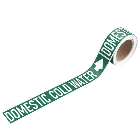 Domestic Cold Water Pipe Markers 1" Height x 8" Width Safety White on Green Pipe Self Labels with Arrow Plastic Film Markers Stickers for Industrial Safety Marking Supplies