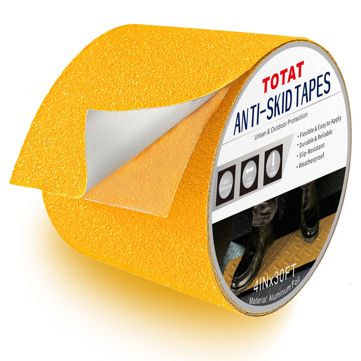 Heavy Duty Aluminum Foil Anti-Slip Tape 4" x30FT Yellow - Industrial Safety Grip for Warehouse Stairs, Pool Decks & High-Traffic Walkways - Waterproof Traction Tape 4 IN