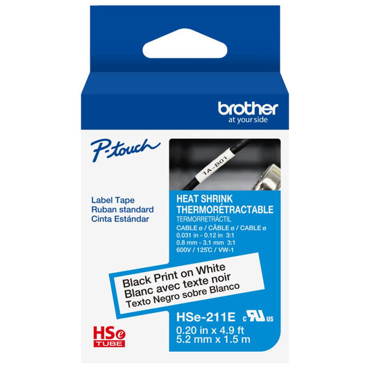 Brother HSe221E ~1/3in (9mm) Black on White Heat Shrink Tube, 3:1 Electrical Shrink Wrap Labeling Tape for AWG 10-22, 4.9 ft (1.5m) Cassette for P-Touch Industrial Heat Shrink Label Printers New Packaging
