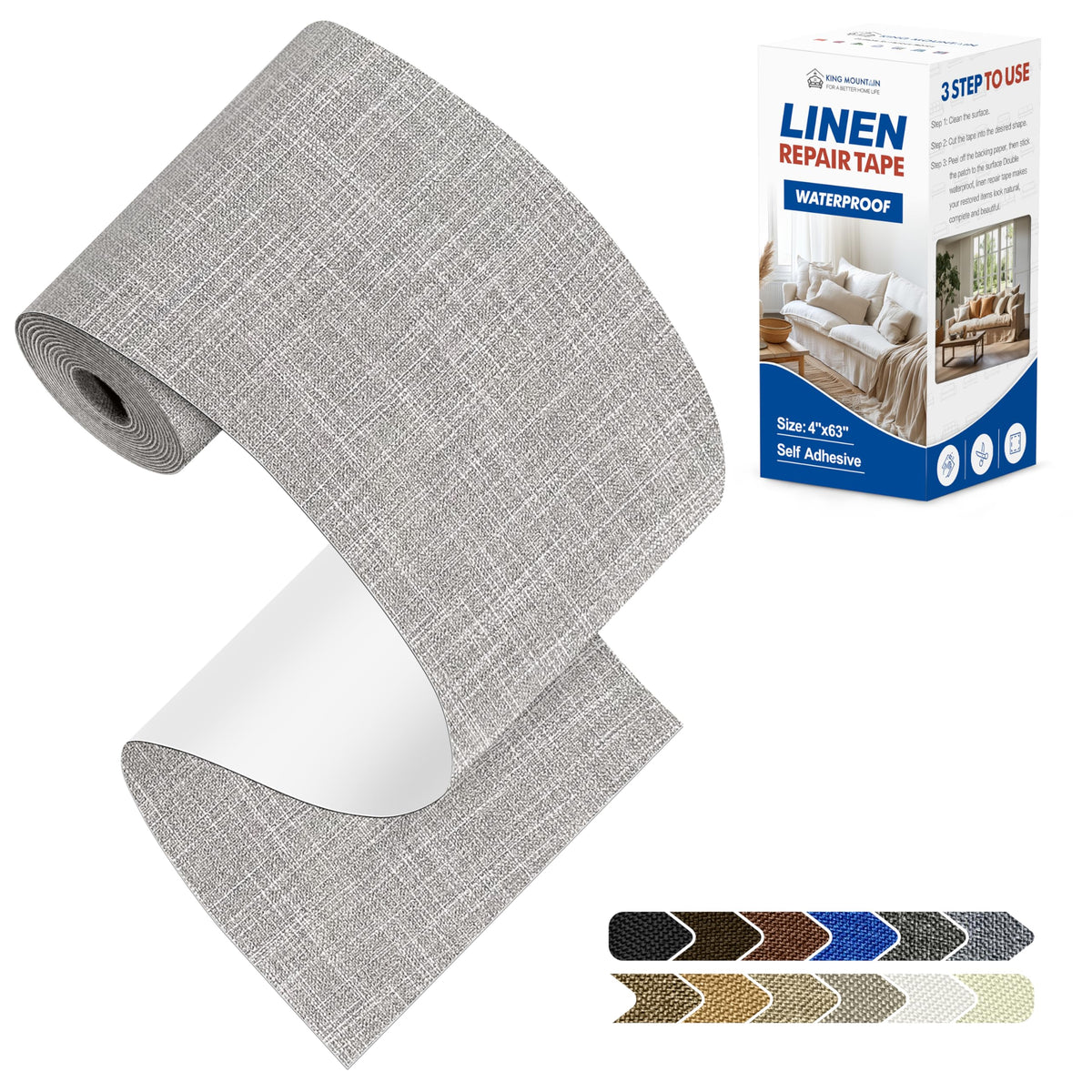 KING MOUNTAIN Linen Repair Patches, Self-Adhesive Fabric Patches, 4 X 63 inch Extra Size, Multi Color, Can be Used for Sofa Repair (Light Grey 2.0) 4" Wx 63"L Light Grey 2.0