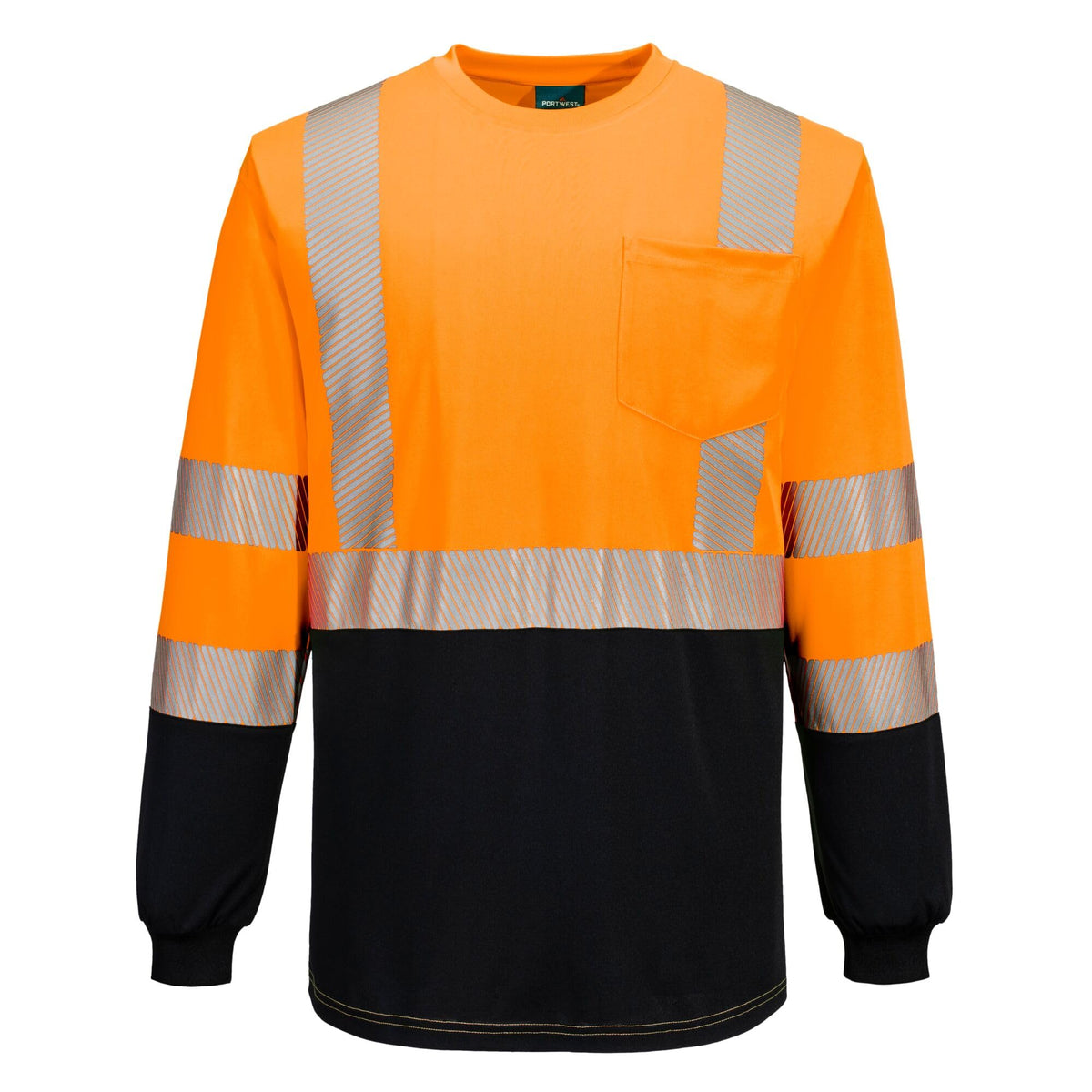 Portwest S197 Hi Vis Long Sleeve Safety Work T Shirt with Segmented Reflective Tape Breathable Moisture Wicking Crew Neck Pocket ANSI Class 3, Orange, 5X-Large Orange/Black