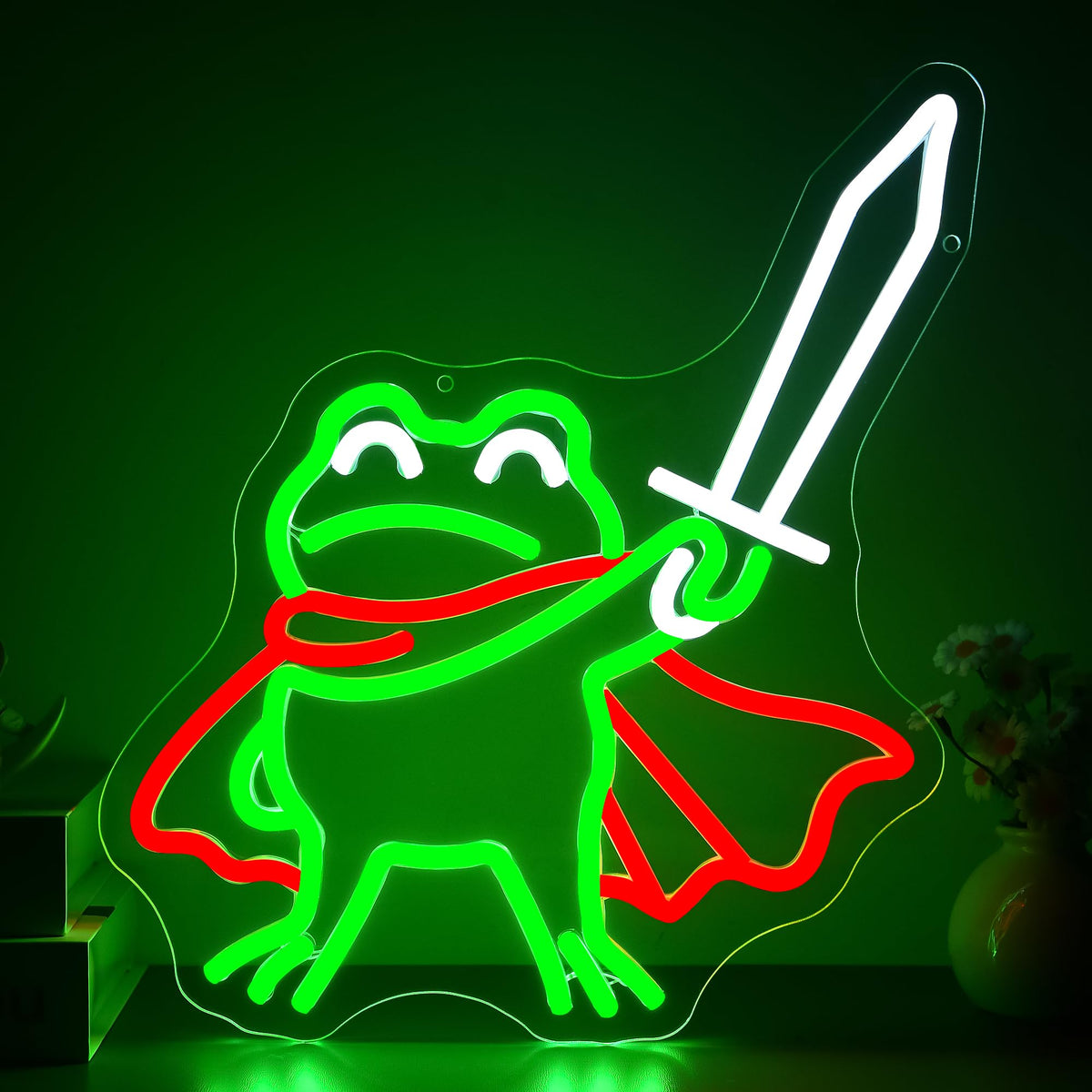 Sword Frog Neon Sign for Wall Decor Dimmable Cartoon Frog LED Neon Light Green+Red