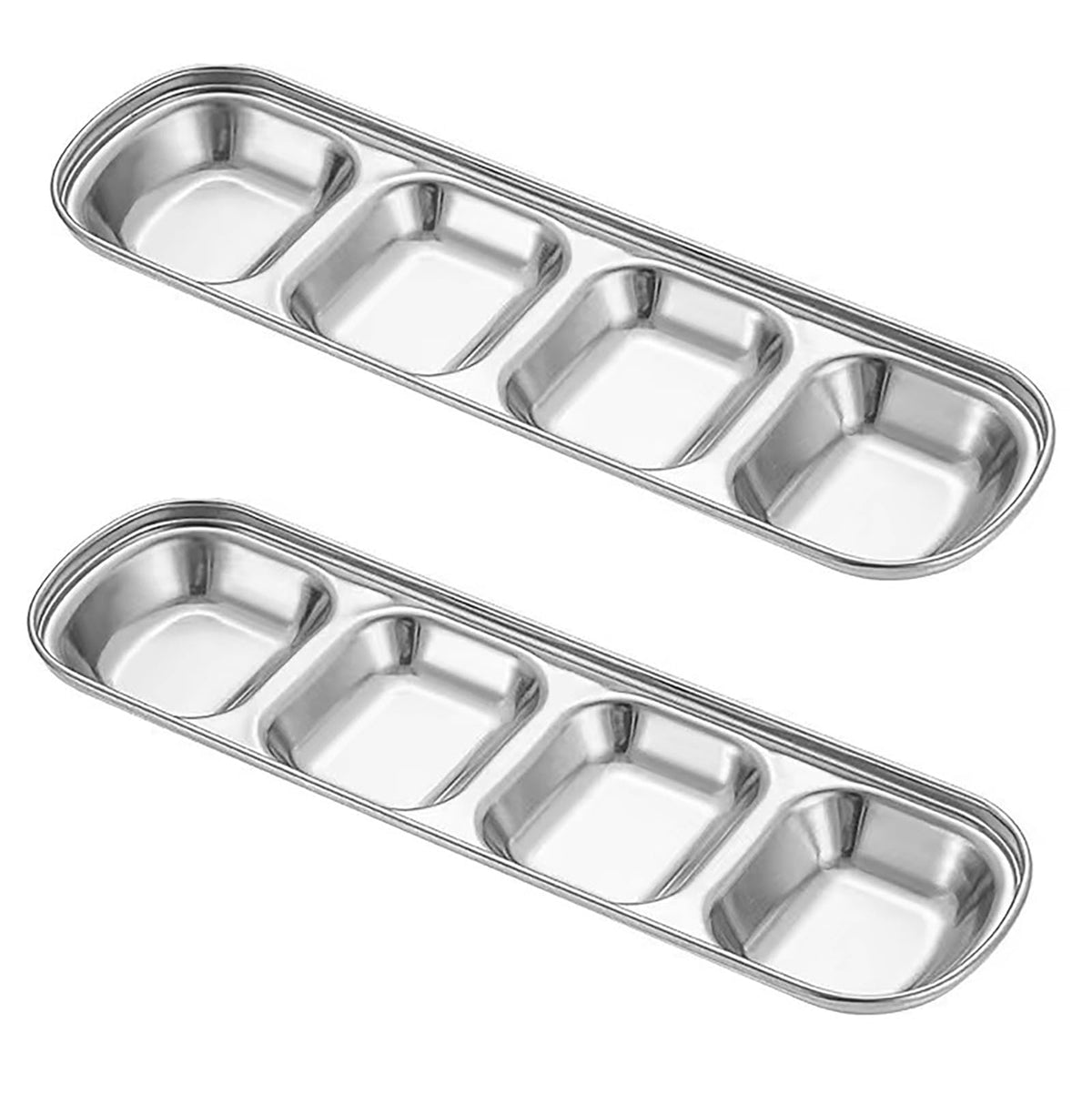2 Pcs Seasoning Dish, 4 Grid Stainless Steel 10.7 Inch x 3.25 Inch Sauce Tray for Kitchen and Outdoors Party (2) 2