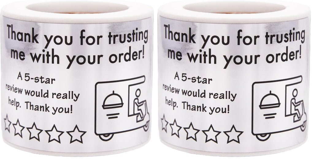 Thank you for your order 5-star food delivery labels, 1.5 x 2.5 inch shipping & handling stickers, pack of 2 