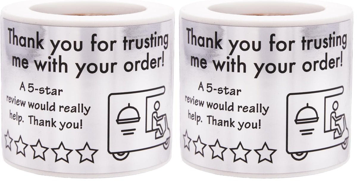 Thank you for your order 5-star food delivery labels, 1.5 x 2.5 inch shipping & handling stickers, pack of 2 