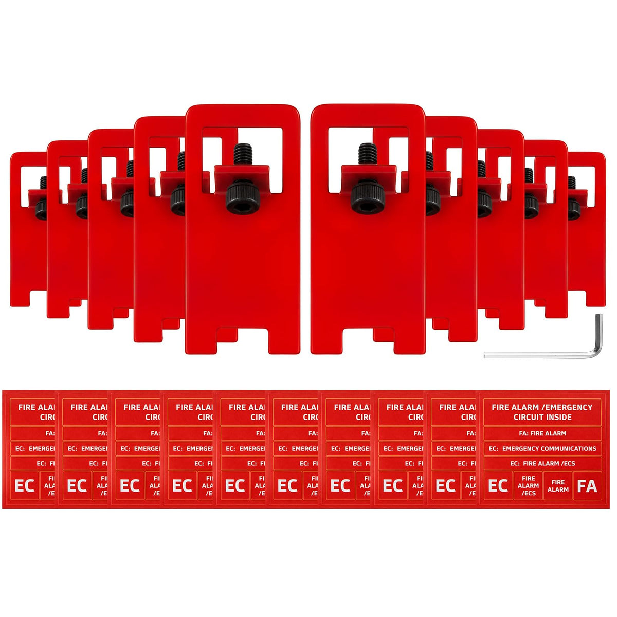 Zonon 10 Sets Fire Alarm Locks Circuit Breaker Lockout Kit with Label Stickers FA Emergency Communications, 8-32 Hex Key for Fire Safety, Red
