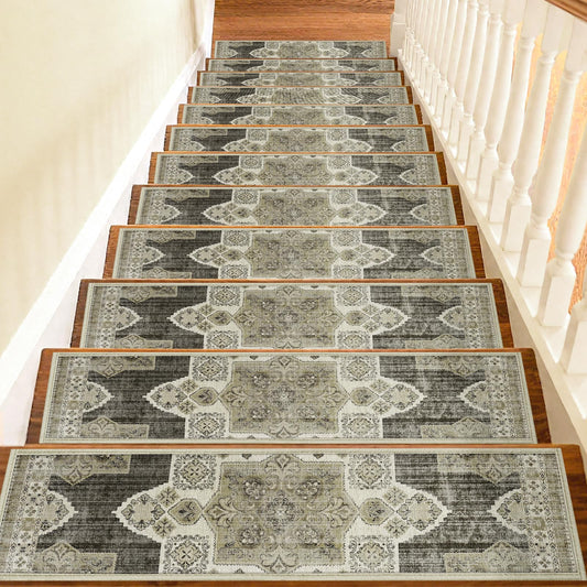 Non Slip Stair Treads for Wooden Steps Indoor, Begie, 15pcs, 30"X8", Soft Carpet Mat, Machine Washable Boho Carpet Treads with Reusable Adhesive Backing, Safety Stair Tread for Dog, Kid, Elder 30"x8" 15