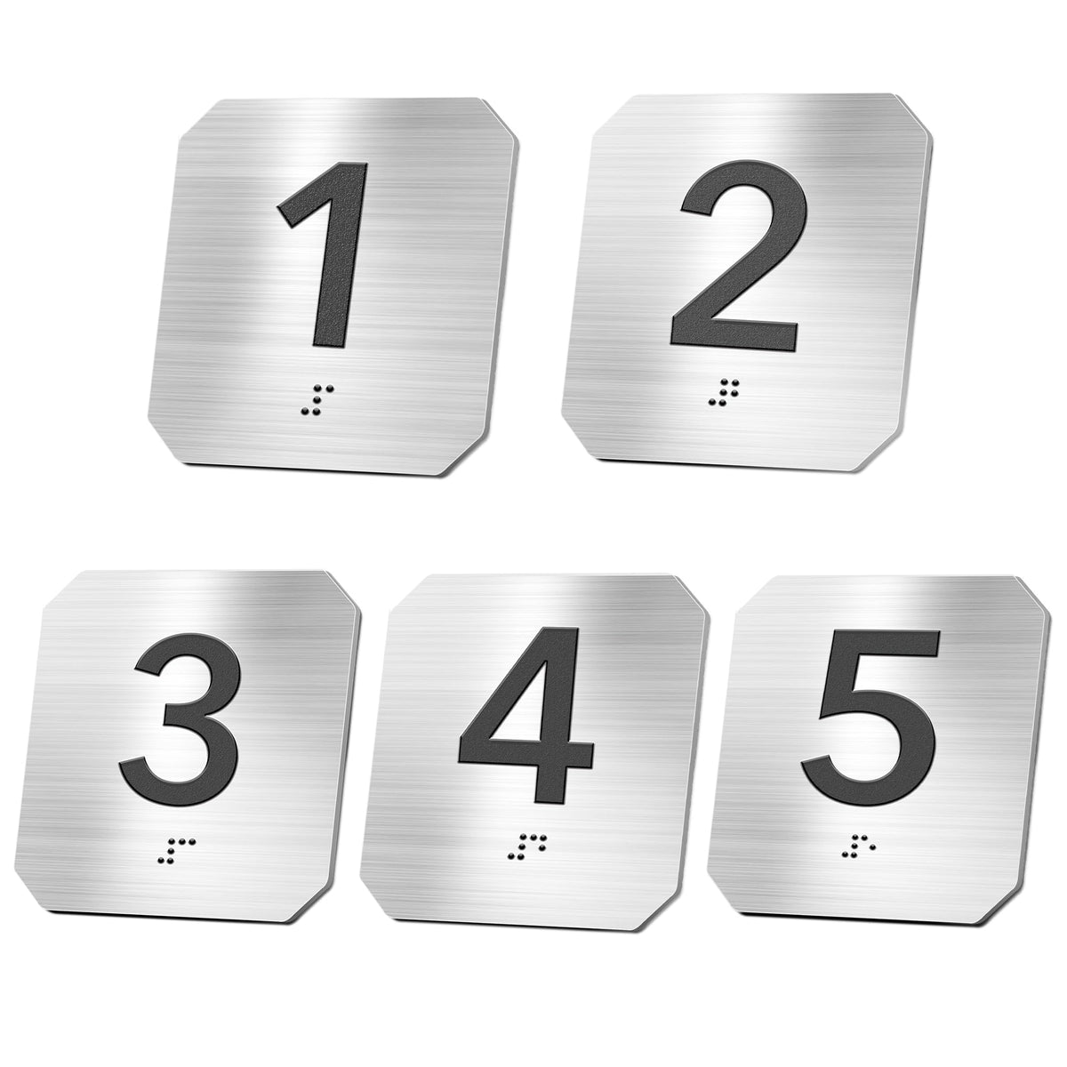 ADA Braille Room Number Signs 1-5, Modern Clipped Corner Brushed Silver Signs for Office Doors, Grade 2 Braille Compliance Signage for Clinic, School & Hospital, Self-Adhesive (4" x 4") Stainless Steel 1-5silver 1-5