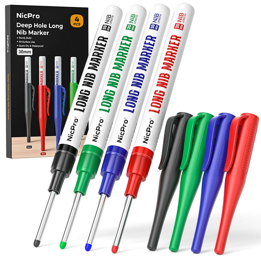 Nicpro 4 PCS Long Nib Marker Pens, 30mm Deep Hole Marker, Quick Dry & Waterproof Construction Markers, Long Head Markers for Metal, Steel, Tile, Glass, Carpenter Marking Pen for Woodworking (Colorful)