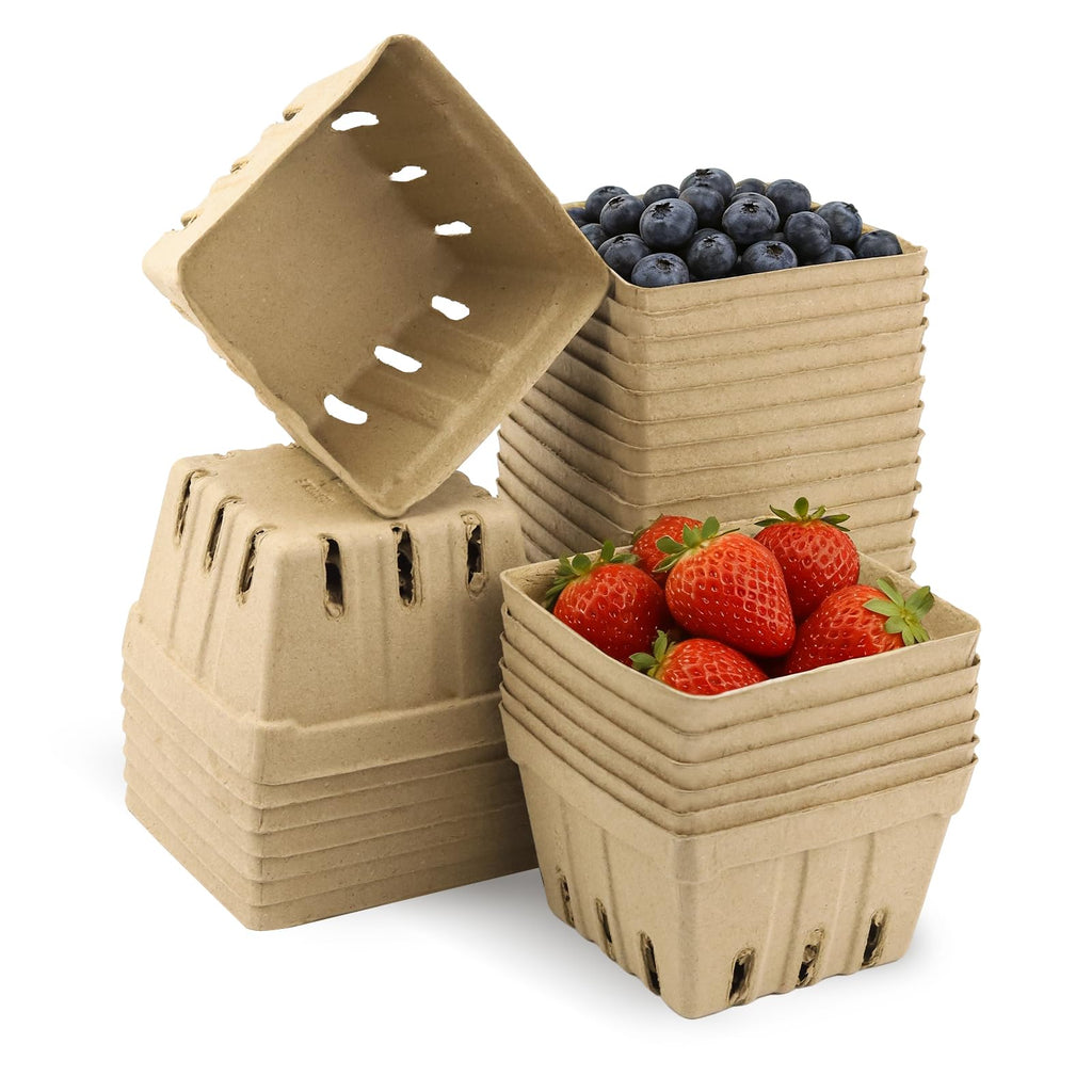 30 Pack Natural Pulp Fiber Berry Basket (4.3x4.3x2.75 Inch), Natural Pulp Produce Baskets & Berry Containers, Vented Strawberry Baskets for Farmers Market Decor, Grocery Store and Kitchen Display Tawny 1Pint 30