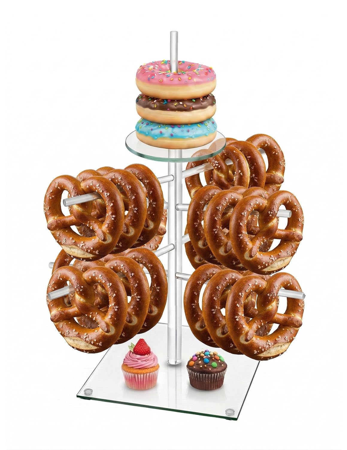 Acrylic 1-Pack (12" L × 12" W × 18" H) Donut Stand, Pretzel & Bagel Holder, Clear Dessert Stand, for Donut Party Decorations Shower Birthday Party