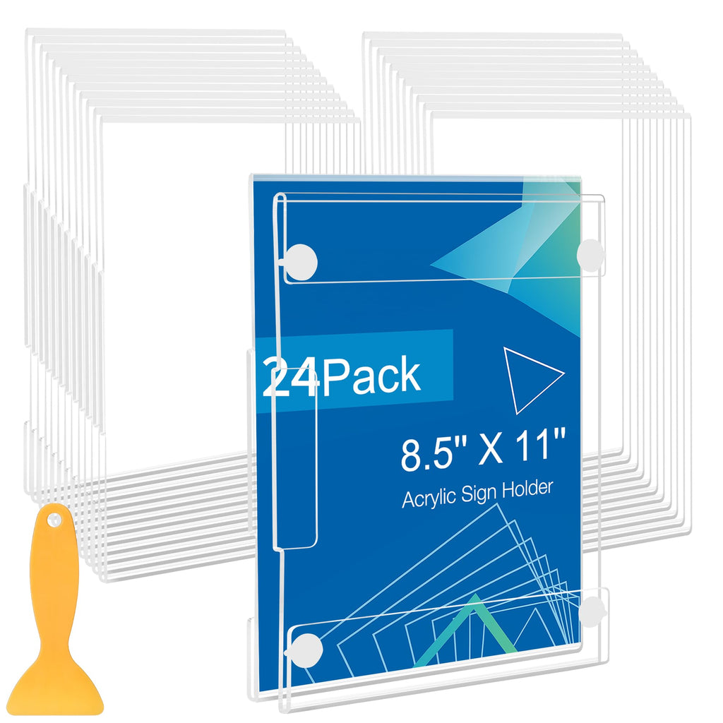 24 Pack Acrylic Sign Holder 8.5 x 11 Wall Mount, Vertical & Horizontal Use, Wall Sign Holders Memo Document Menu Holder for Office Store Restaurants Wedding Party Decoration, No Drilling 24 Pack