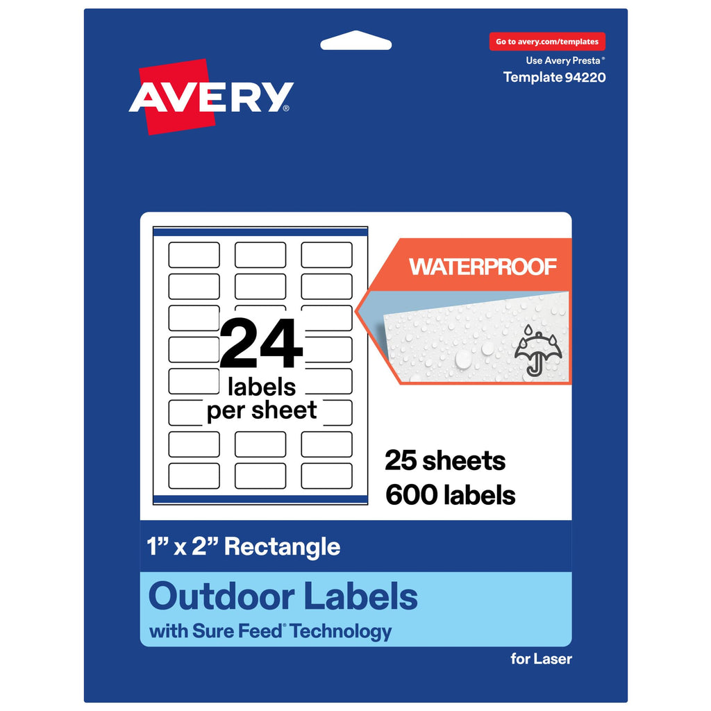 Avery Outdoor Waterproof Rectangle Labels with Sure Feed Technology, 1" x 2", White Film, Print-to-the-Edge, Compatible with Laser Printers, 600 Labels Total