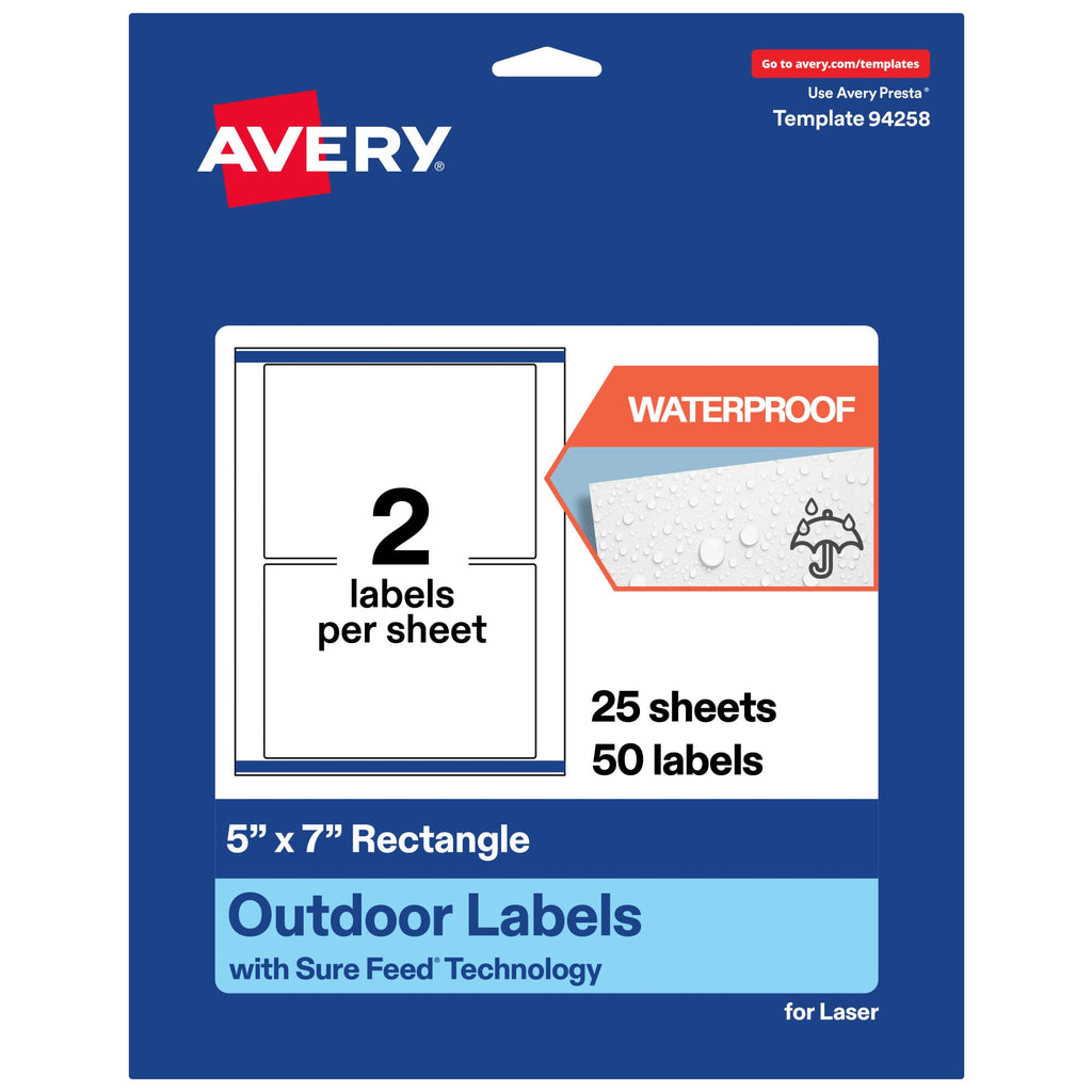 Avery Outdoor Waterproof Rectangle Labels with Sure Feed Technology, 5" x 7", White Film, Compatible with Laser Printers, 50 Labels Total, Great for Product Branding, Packaging, and More