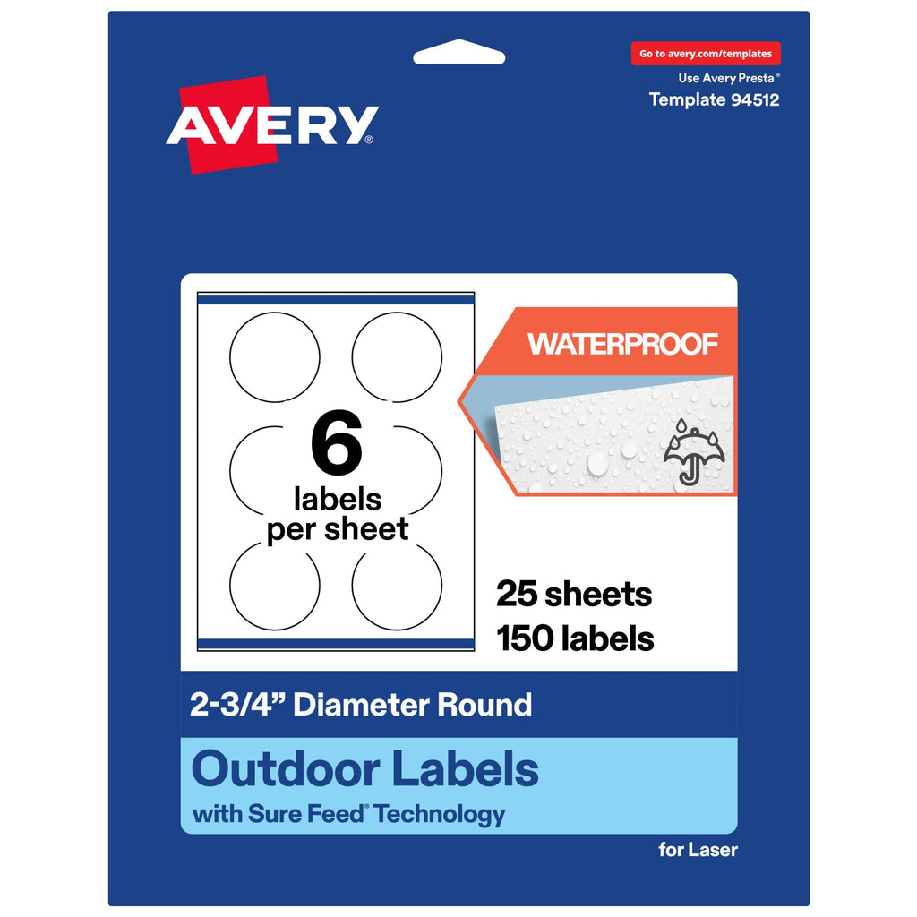 Avery® Outdoor Waterproof Round Labels, Sure Feed® Technology, 2.75" Diameter, White Film, Print-to-the-Edge, Compatible with Laser Printers, 150 Labels Total