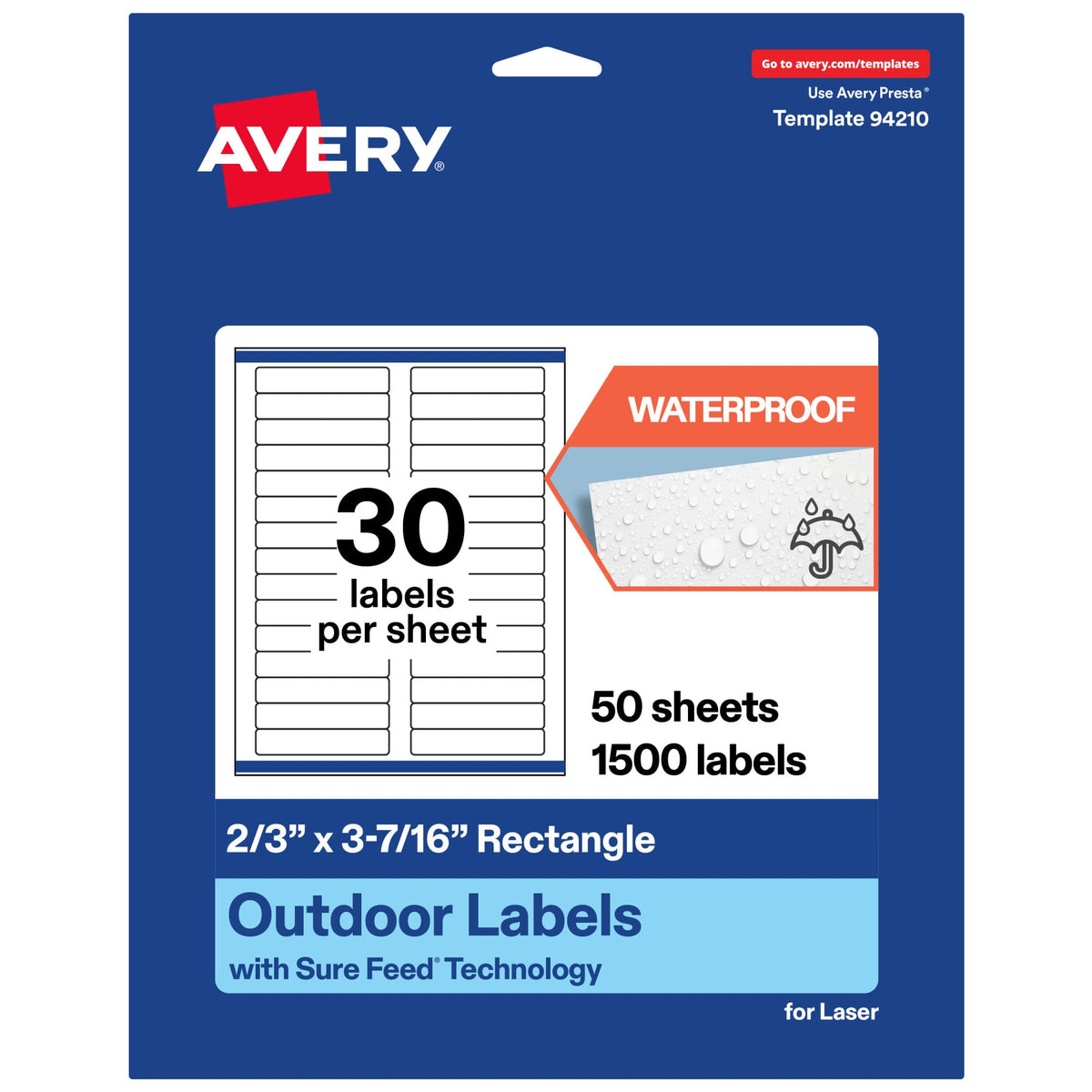 Avery Outdoor Waterproof Rectangle Labels with Sure Feed Technology, 2/3" x 3-7/16", White Film, Compatible with Laser Printers, 1500 Labels Total, Great for Product Branding, Packaging, and More 1,500 labels