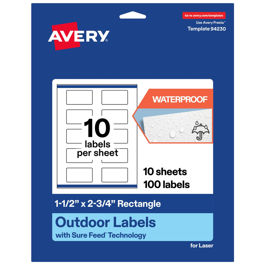 Avery Outdoor Waterproof Rectangle Labels with Sure Feed Technology, 1.5" x 2.75", White Film, Print-to-the-Edge, Compatible with Laser Printers, 100 Labels Total