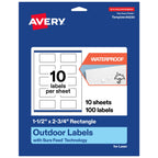 Avery Outdoor Waterproof Rectangle Labels with Sure Feed Technology, 1.5" x 2.75", White Film, Print-to-the-Edge, Compatible with Laser Printers, 100 Labels Total