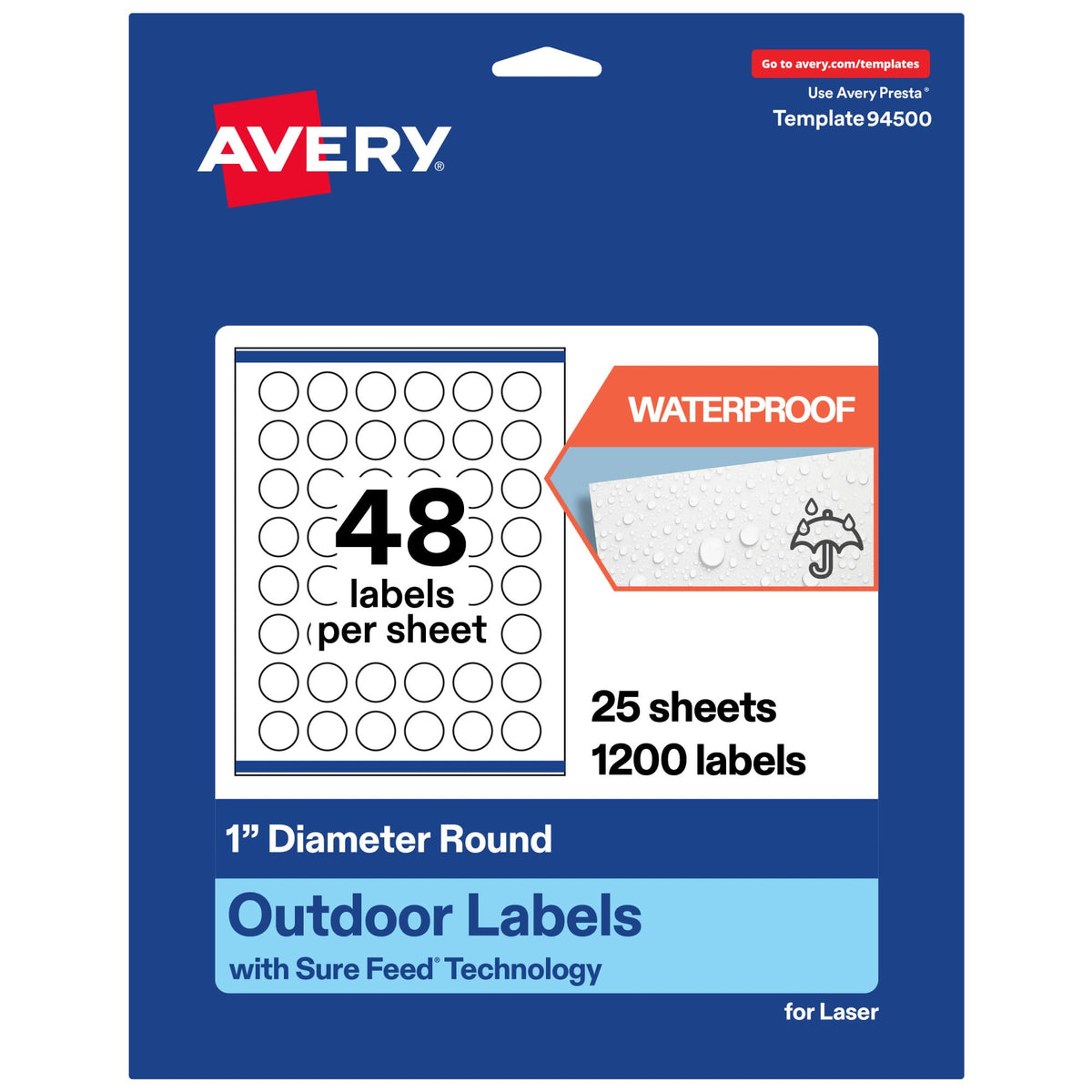 Avery® Outdoor Waterproof Round Labels, Sure Feed® Technology, 1" Diameter, White Film, Print-to-the-Edge, Compatible with Laser Printers, 1200 Labels Total 1200 Count