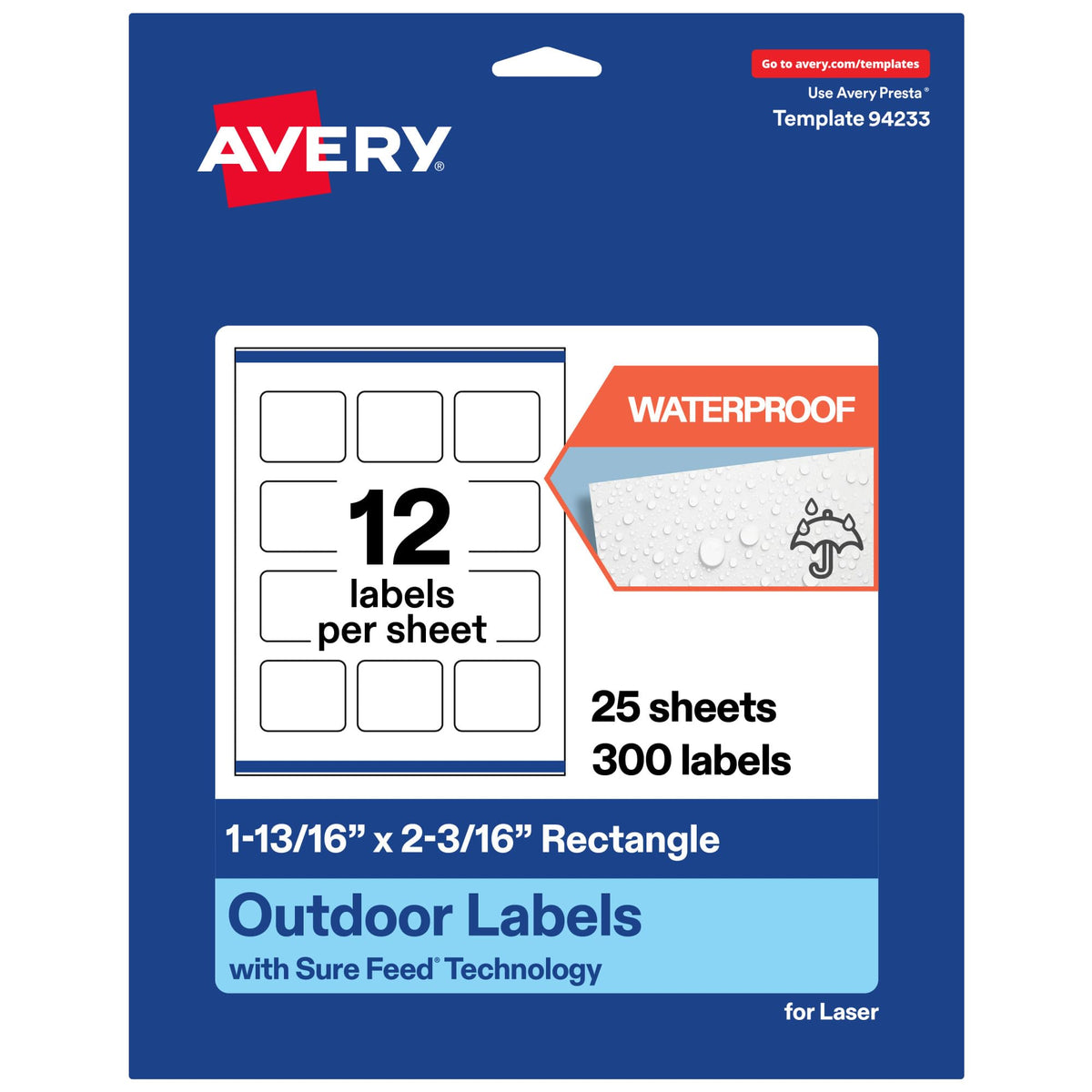 Avery Outdoor Waterproof Rectangle Labels with Sure Feed Technology, 1-13/16" x 2-3/16", White Film, Print-to-the-Edge, Compatible with Laser Printers, 300 Labels Total