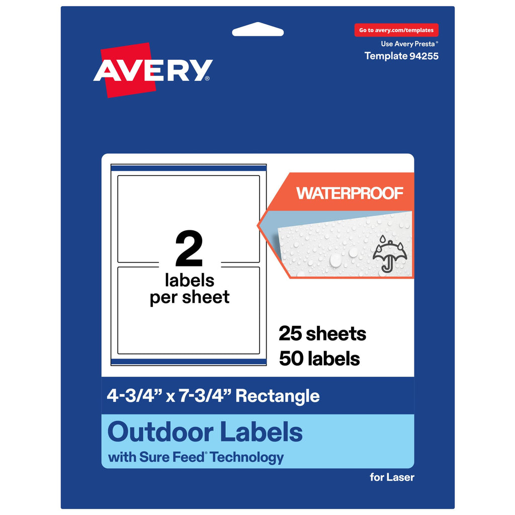 Avery Outdoor Waterproof Rectangle Labels with Sure Feed Technology, 4.75" x 7.75", White Film, Print-to-the-Edge, Compatible with Laser Printers, 50 Labels Total