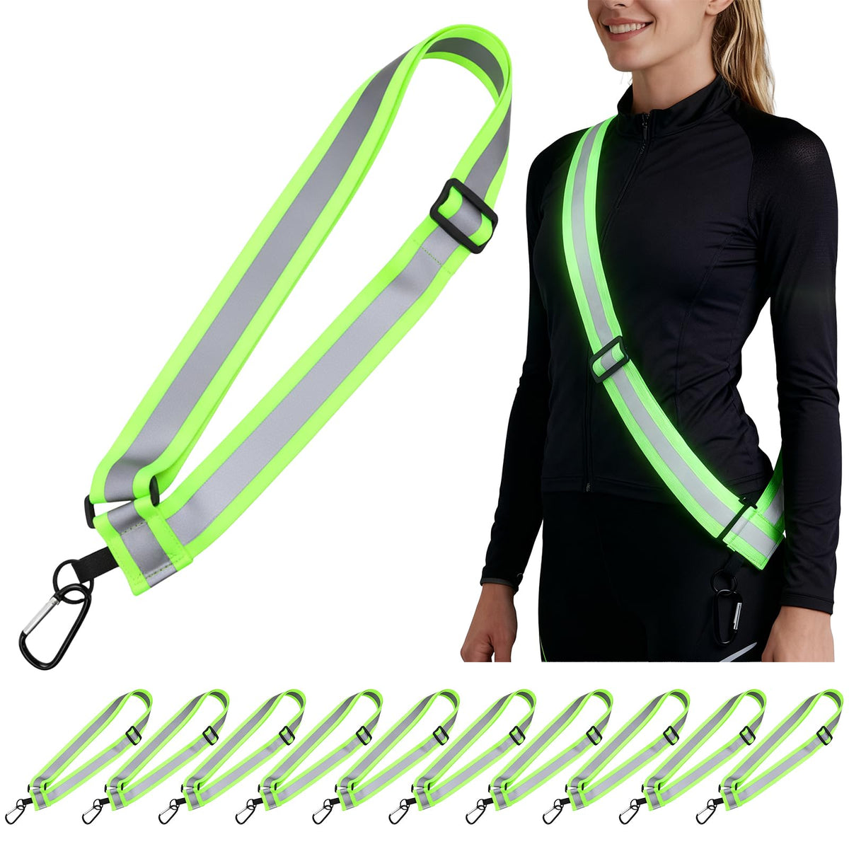 Tlence 10 Pack Reflective Sash for Walking, High Visibility Running Belt at Night, Adjustable Reflective Safety Straps with Clip, Elastic Reflectors Gear for Men Women Biking, Cycling, Dog Walking