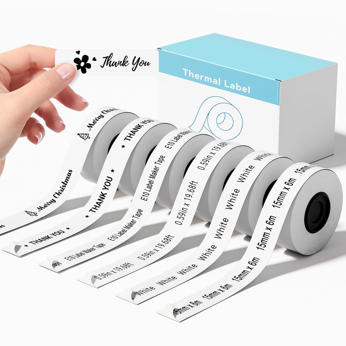 6 Rolls Continuous Laminated Thermal Label Tape Refill Compatible with SUPVAN E10 & E11 Label Maker Tape,Black on White, 0.59in × 19.7ft (15mm × 6m), Self-Adhesive Multipurpose Labeling Tape 6