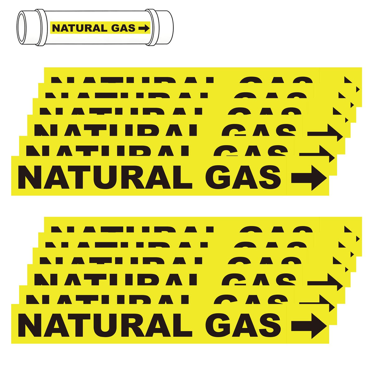 12 Pack Natural Gas Pipe Labels With Arrows, Vinyl Stickers Natural Gas Pipe Marking Sticker Sign for Pipes, Heaters and Inspectors(1"x8")