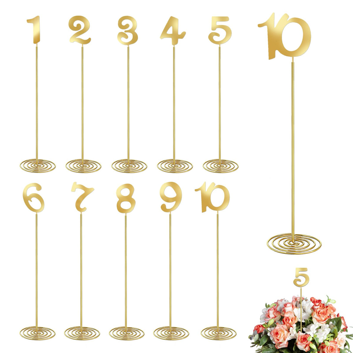 10 Pcs Metal Table Numbers with Sturdy Holder Base 12 Inch Stainless Steel Party Desk Figure Gold 1-10 Table Numbers for Wedding Reception Party Banquet Catering Event