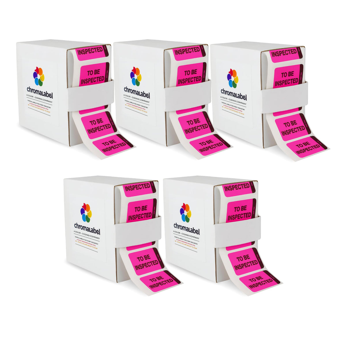 ChromaLabel fluorescent pink and yellow double-layer quality control labels with "Inspected" imprint, pack of 5, 250 labels each
