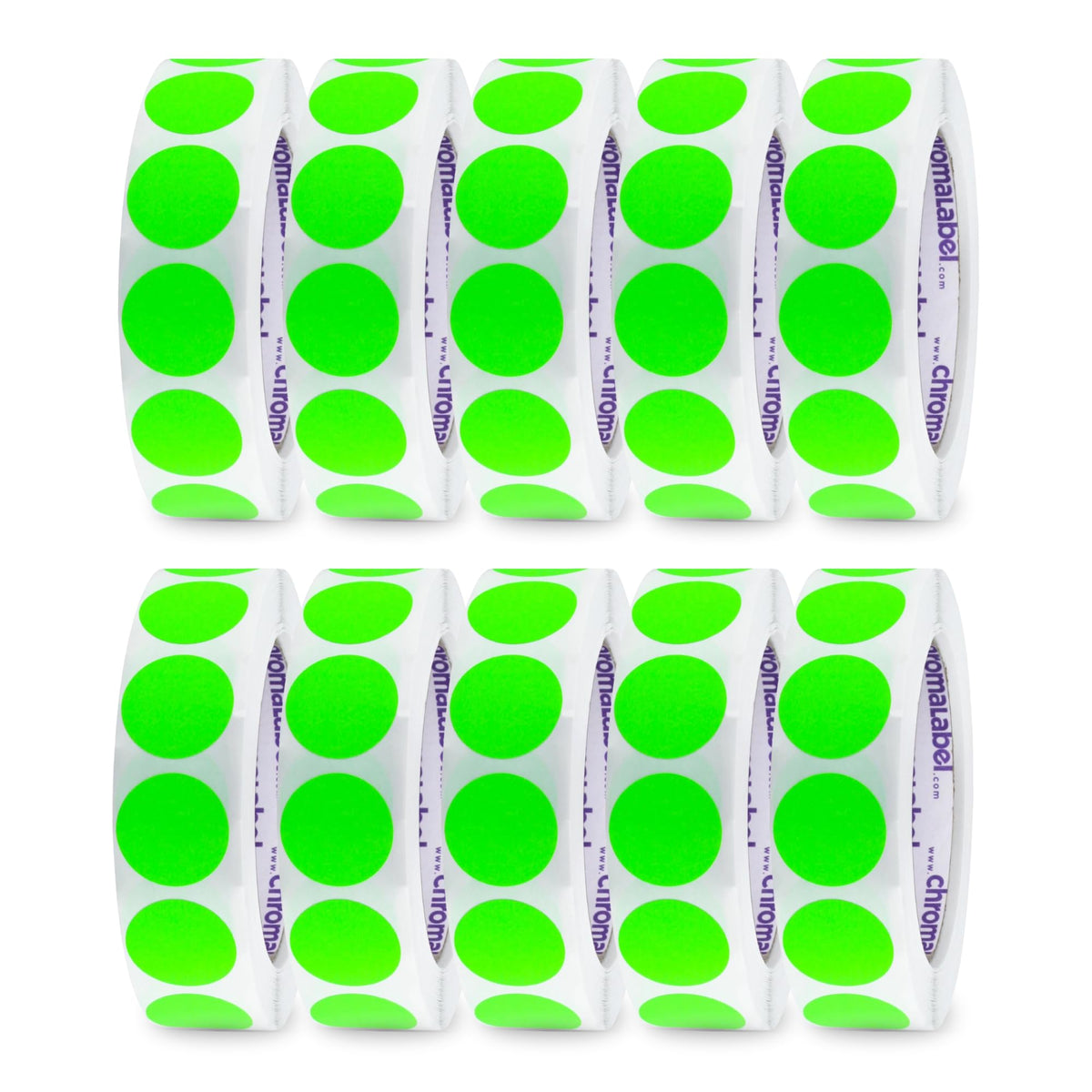 ChromaLabel 1-inch fluorescent green circle sticker labels on a roll, ideal for color coding and easy to write on, 10 rolls included