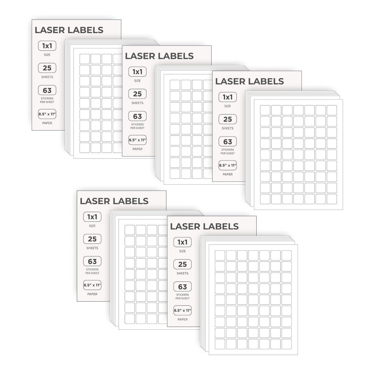 ChromaLabel 1x1 inch printable white labels for laser and inkjet printers, shown on sheets ready for printing.
