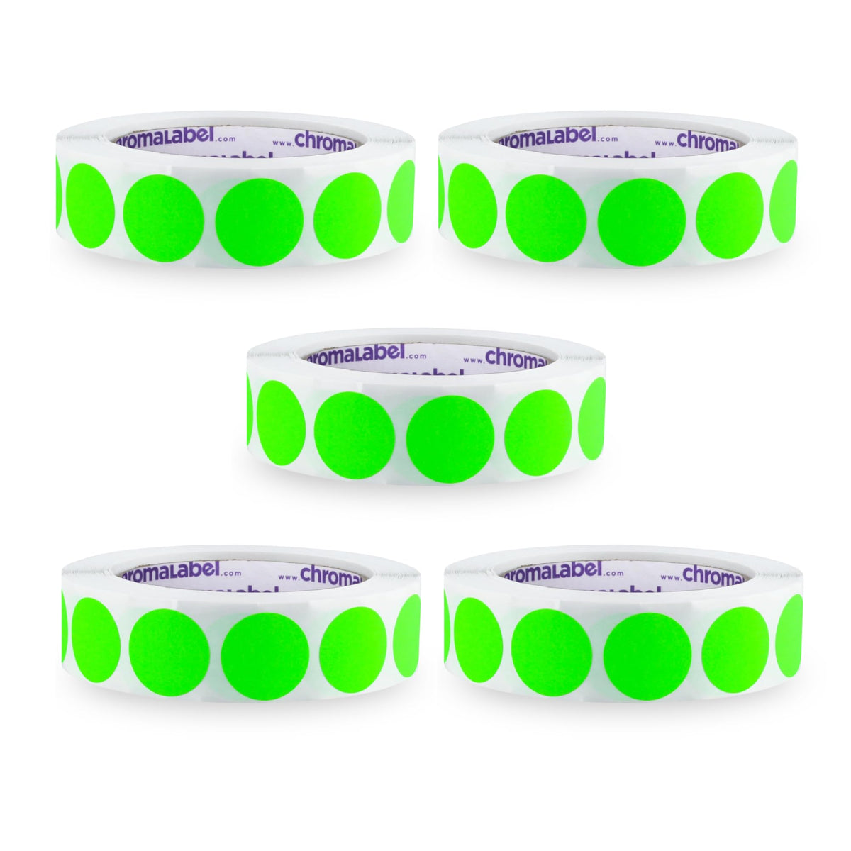 ChromaLabel 1-inch fluorescent green circle sticker labels, removable color-coding dots, easy to write on, 1,000 per roll, pack of 5