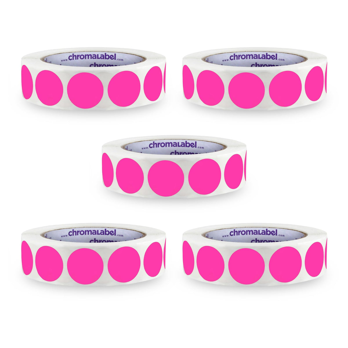 ChromaLabel 3-inch fluorescent pink round stickers, 500 dots per roll, ideal for office, crafts, and color coding, pack of 5