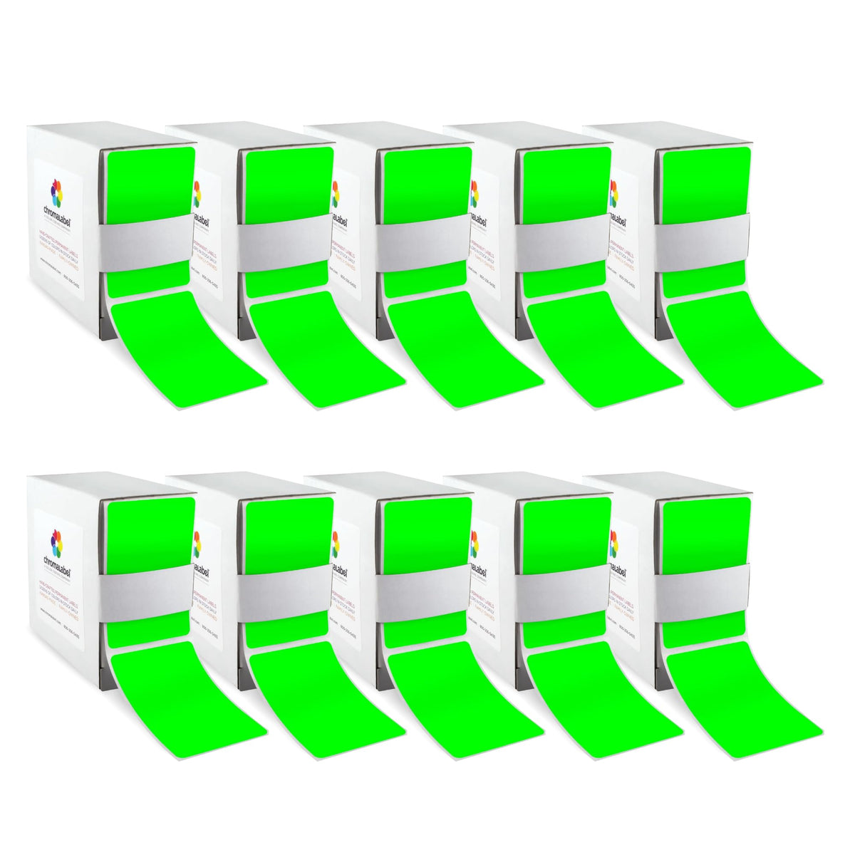 ChromaLabel 2x3 inch fluorescent green rectangular color-coding labels in dispenser box, pack of 10, for organizing and labeling.