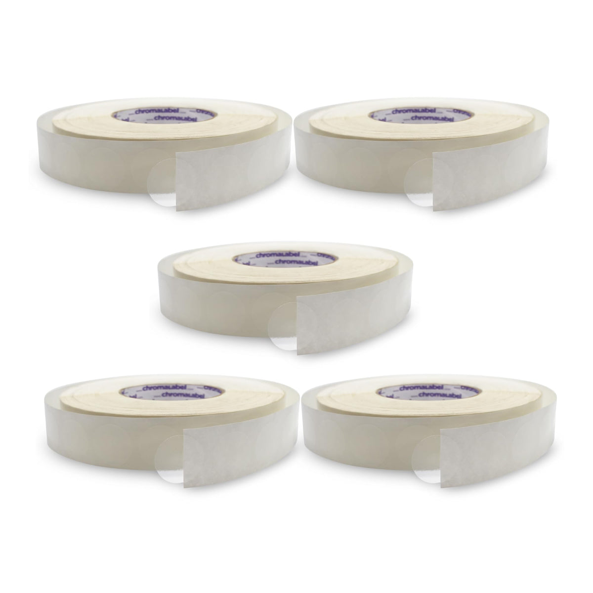 ChromaLabel 1-inch round clear stickers used as envelope seals, shown in a roll with 5,000 labels per pack.
