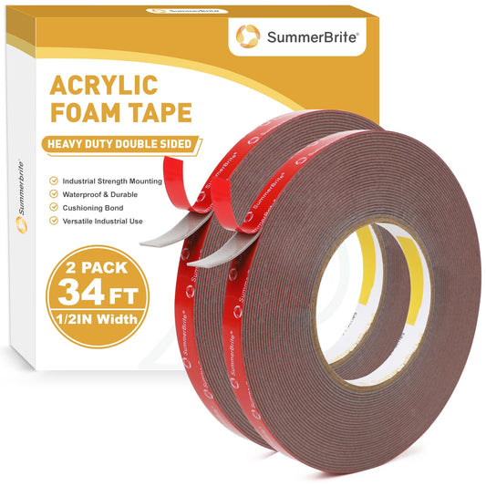 Summerbrite Heavy Duty Double Sided Foam Tape, 1/2 Inch x 34 Ft (2 Rolls, 68 Ft Total), 0.05 Inch Thick Industrial Grade Waterproof Mounting Tape for Automotive, LED Strip Lights, Home & Office 0.5INX34FT 2 Pack