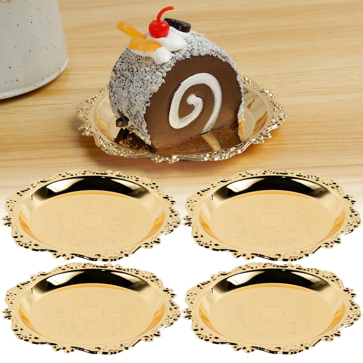 4 Pcs Metal Iron Golden Plate Round Jewelry Dish Tray Decorative Serving Dish Plates Small Nut Serving Tray Retro Key Trays for Food Drinks Snack Coffee Hanging Wall Decor