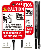 2-Pack Video Surveillance Sign with 35-Inch Metal Stakes, 14x10 Inches Security Warning Signs, 24 Hour CCTV Monitoring, No Trespassing Property Protection Red - 2pack with Stake