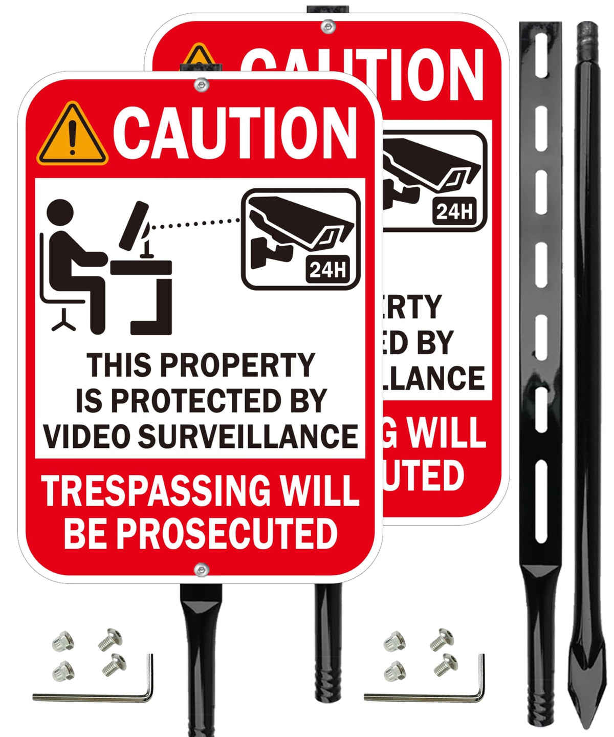 2-Pack Video Surveillance Sign with 35-Inch Metal Stakes, 14x10 Inches Security Warning Signs, 24 Hour CCTV Monitoring, No Trespassing Property Protection Red - 2pack with Stake
