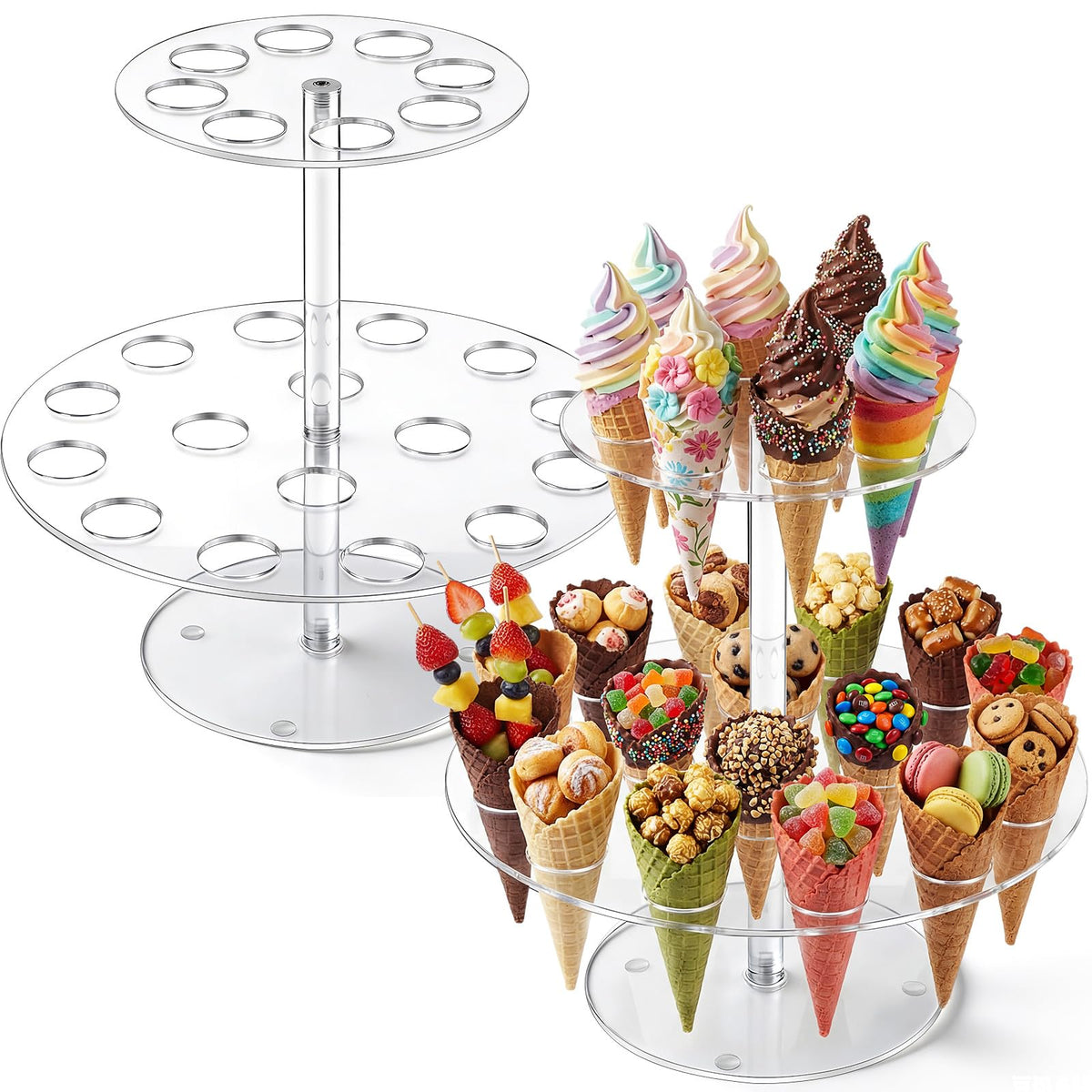 FoldTier 2 Pack Acrylic Ice Cream Cone Holder Stand, 2 Tier with 24 Holes