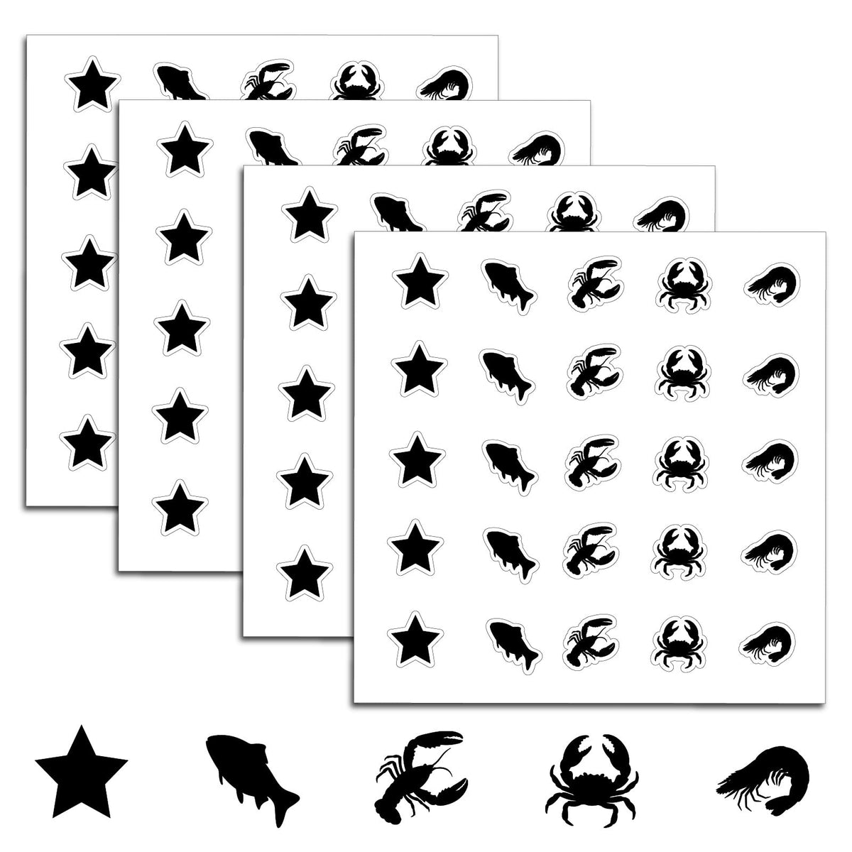 500Pcs Wedding Food Stickers Meal Stickers for Food Fish Lobster Crab Shrimp Stars Pattern 0.8 Inch Black Wedding Menu Indicator Decal Plastic Waterproof Label for Place Card Party Supplies Black-2